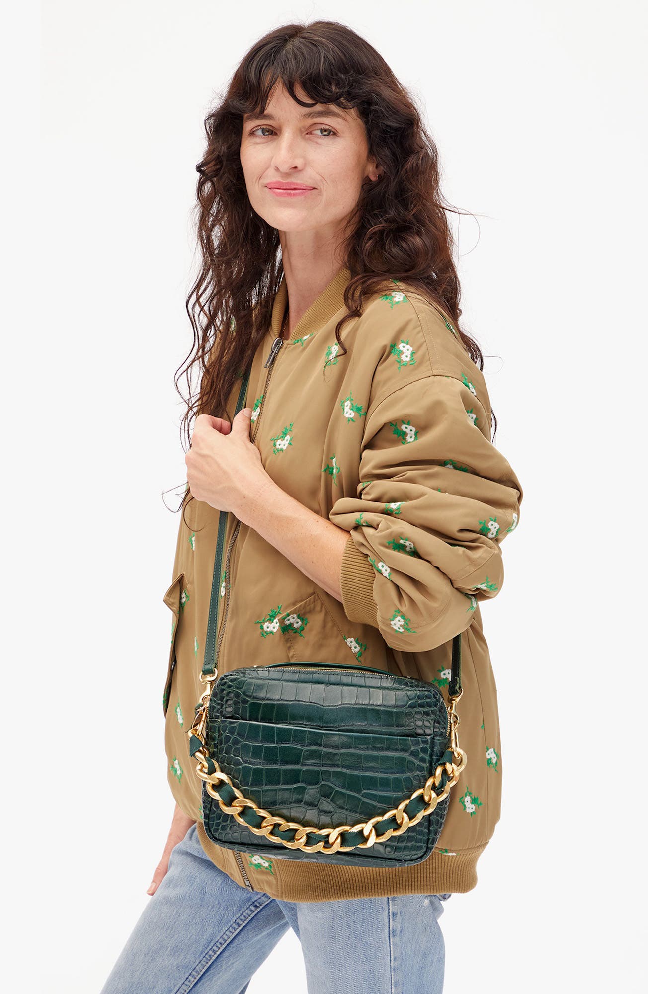Clare V. Mirabel Croc Embossed Leather Crossbody Bag, Alternate, color, Deep Pine