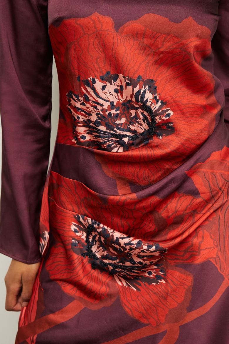 Floral Placement Print Satin Midi Dress, Alternate, color, Dark Red