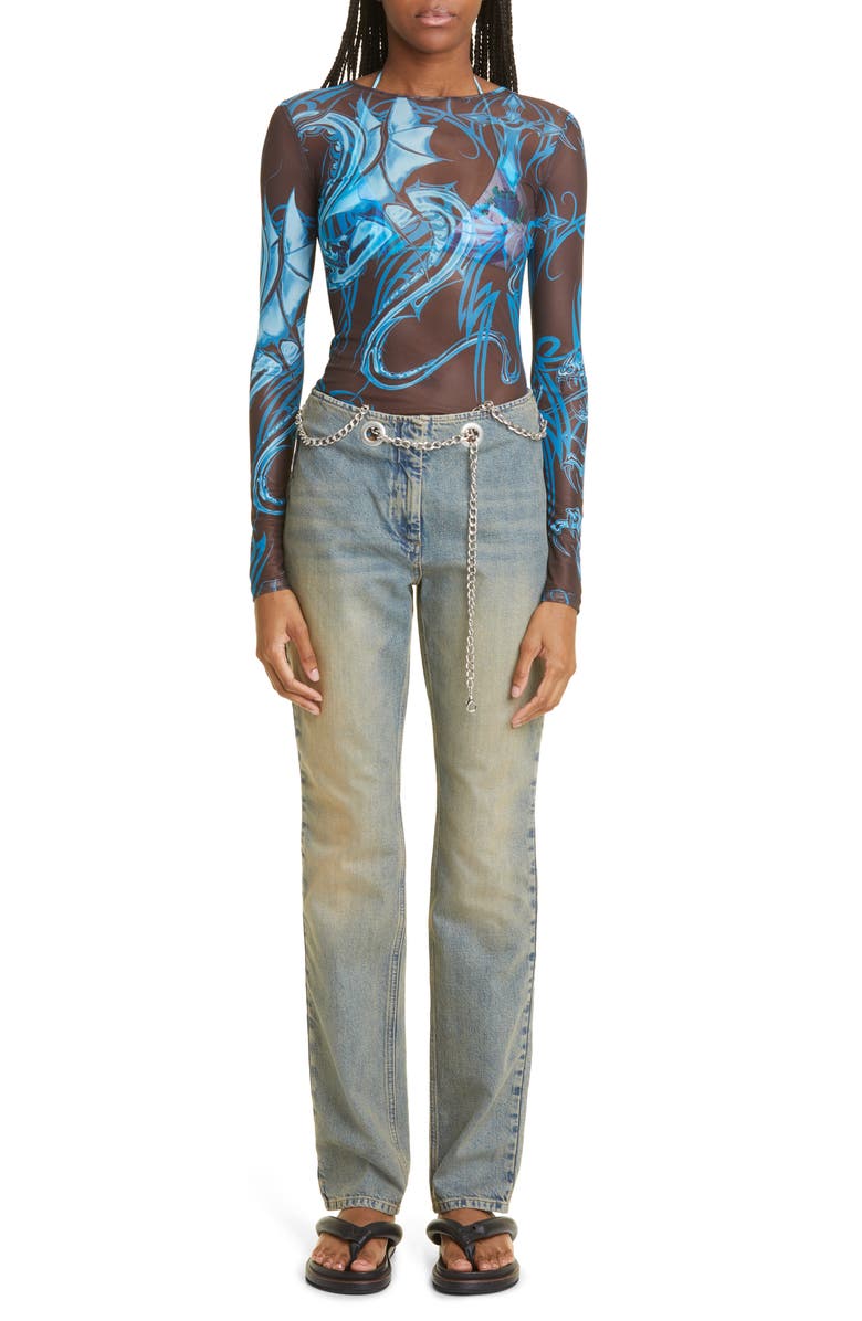 Miaou Tattoo Print Long Sleeve Mesh T-Shirt, Alternate, color,