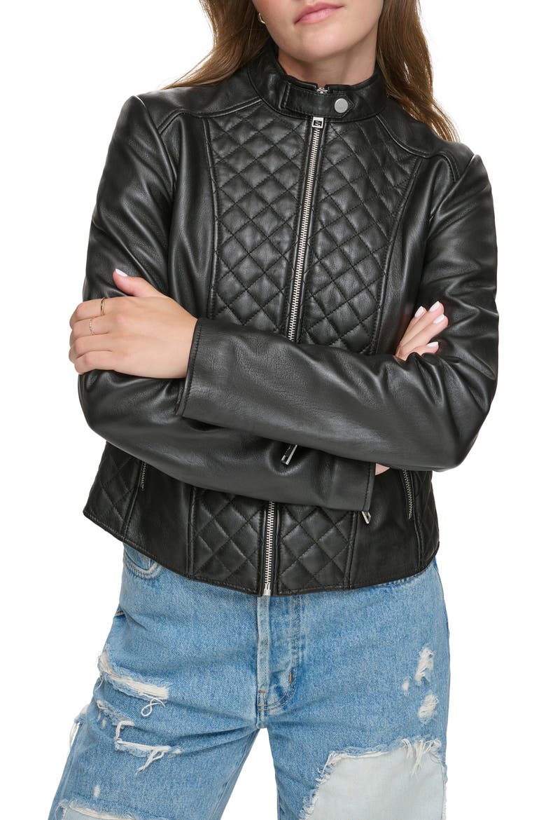 Quilted Panel Leather Jacket, Alternate, color, BLACK