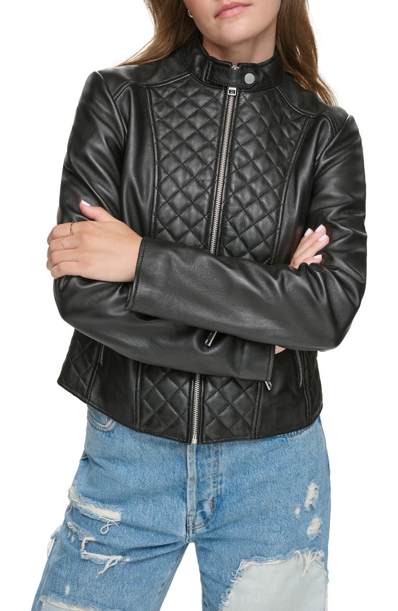 Andrew Marc Quilted Panel Leather Jacket, Alternate, color, Black