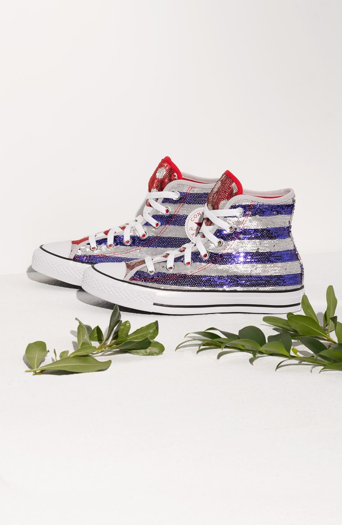 Chuck Taylor® All Star® Sequin Flag High Top Sneaker, Alternate, color, SILVER/ ELECTRIC COBALT/ WHITE