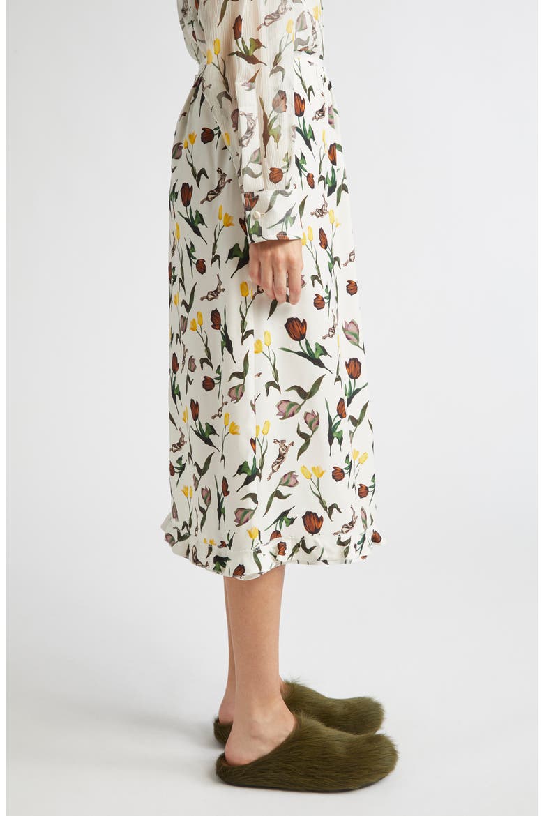 Tulips & Hares Ruffle Hem Crepe Back Satin Midi Skirt, Alternate, color, LIMESTONE