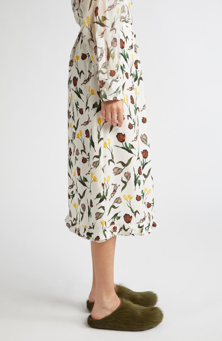 Marni Tulips & Hares Ruffle Hem Crepe Back Satin Midi Skirt, Alternate, color, Limestone