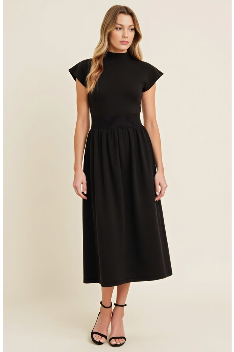 Scallop Edge Mock Neck Sleeveless Knit Midi Dress with Flared Skirt, Alternate, color, Black