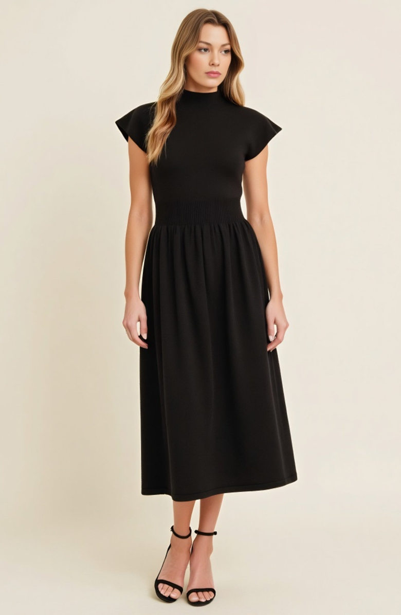 Modenaire Scallop Edge Mock Neck Sleeveless Knit Midi Dress with Flared Skirt, Alternate, color, 