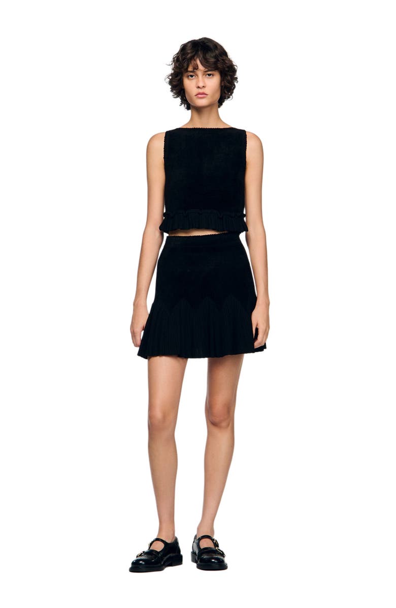 SANDRO Ruffled knit crop top, Alternate, color, Black
