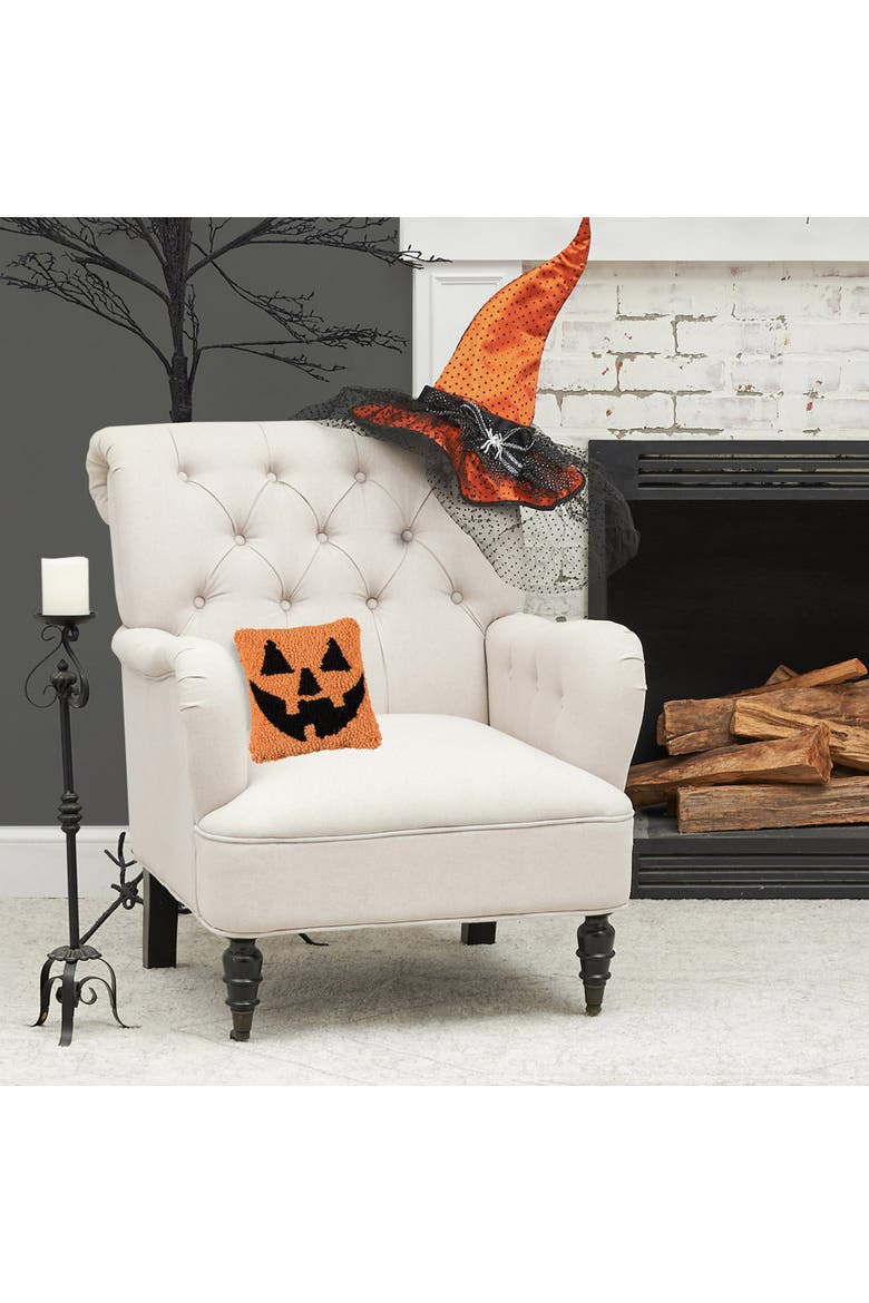 Smiling Jack O' Lantern Small Petite Hooked Halloween Accent Pillow 8" x 8", Alternate, color, Orange