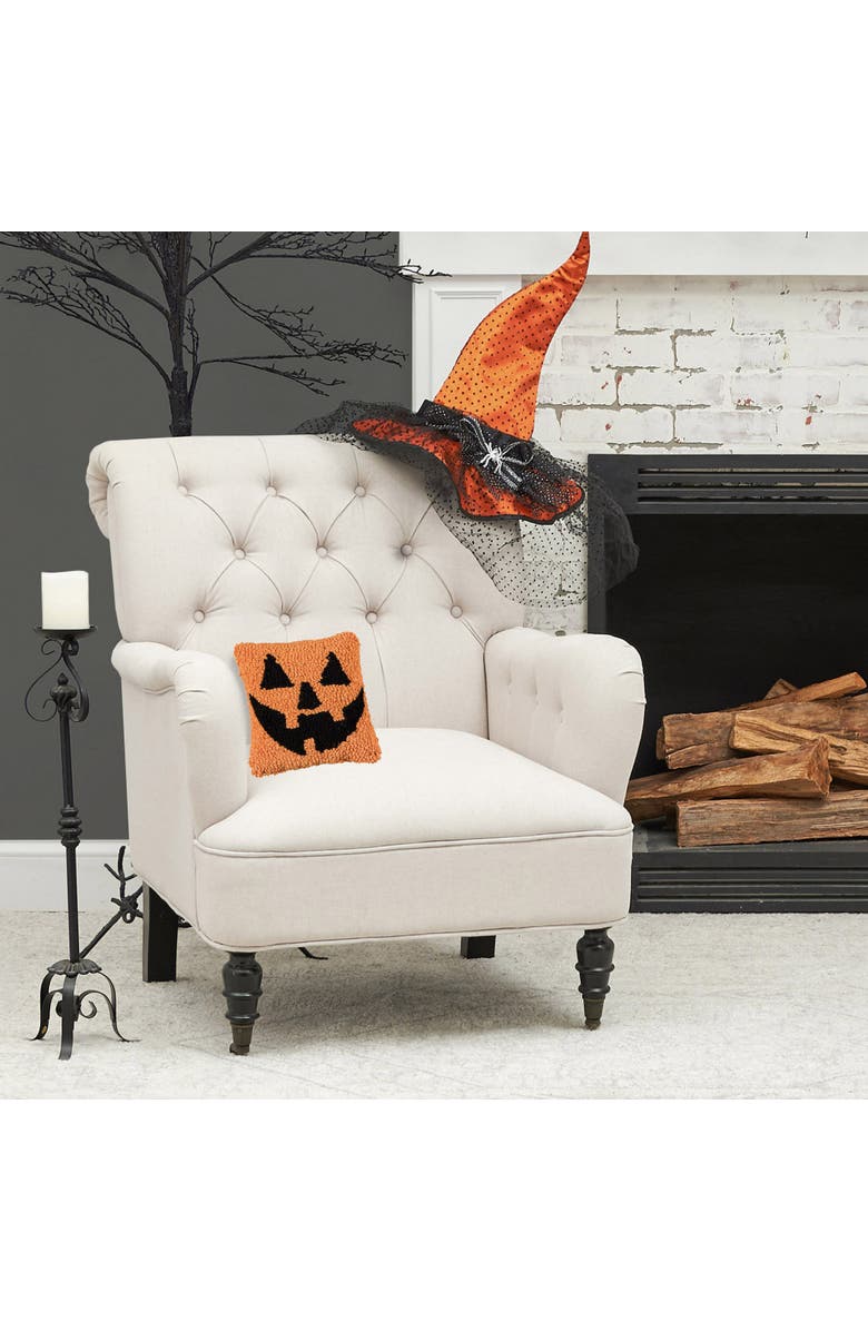 C&F Home Smiling Jack O' Lantern Small Petite Hooked Halloween Accent Pillow 8" x 8", Alternate, color, Orange