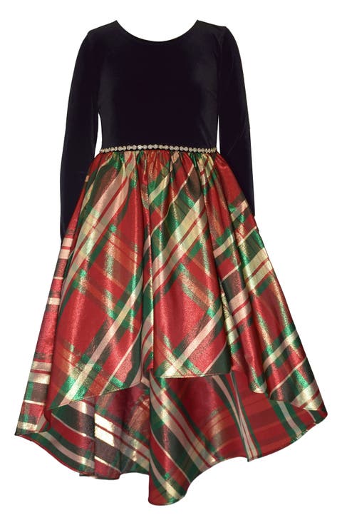 Kids' Long Sleeve Velvet & Taffeta High-Low Party Dress (Big Kid)