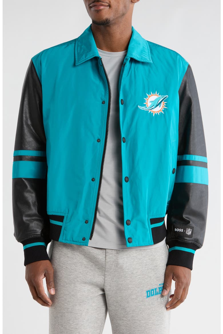 x NFL Miami Dolphins Cutback Varsity Jacket, Main, color, OPEN GRN