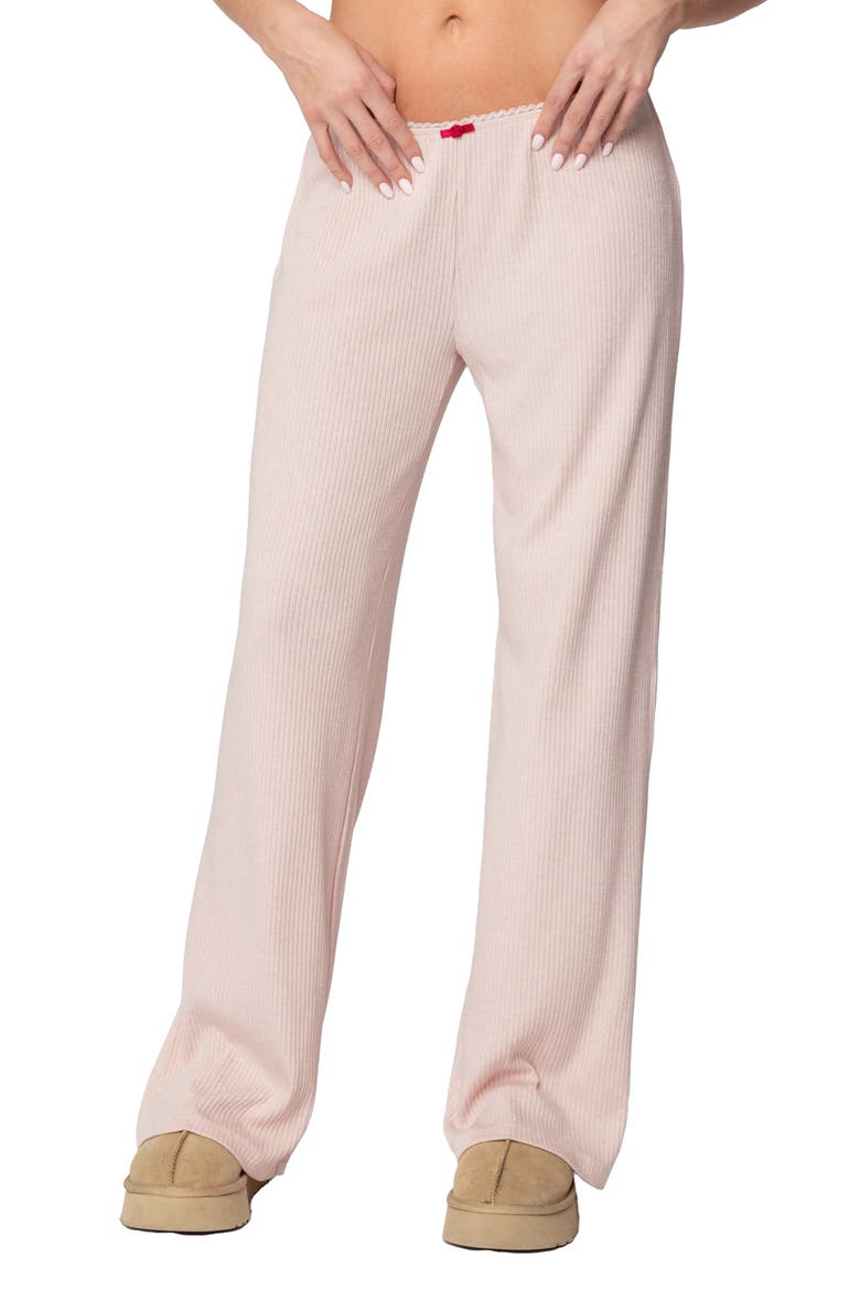 Roselle Lace Trim Rib Wide Leg Pants, Main, color, LIGHT-PINK