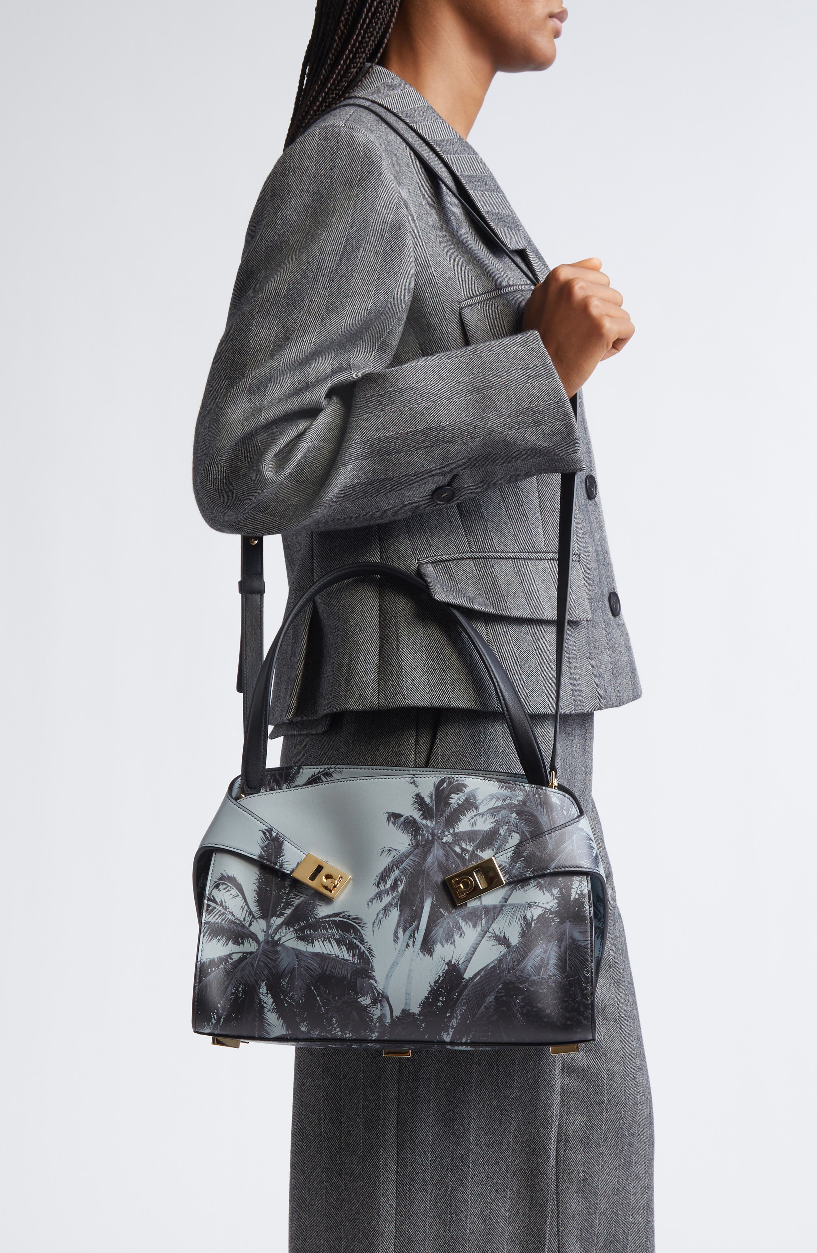 FERRAGAMO Medium Hug Palm Print Soft Leather Top Handle Bag, Alternate, color, Optic-White Nero