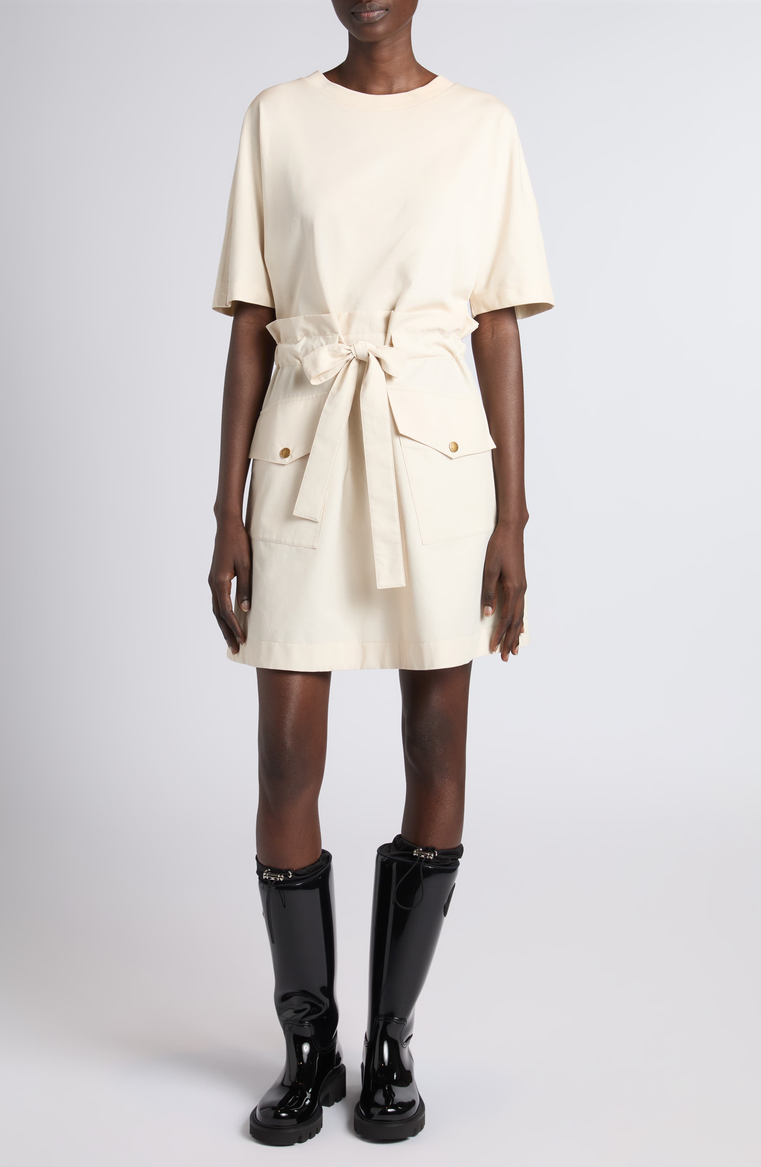 Hybrid Knit & Woven Drawstring Minidress
