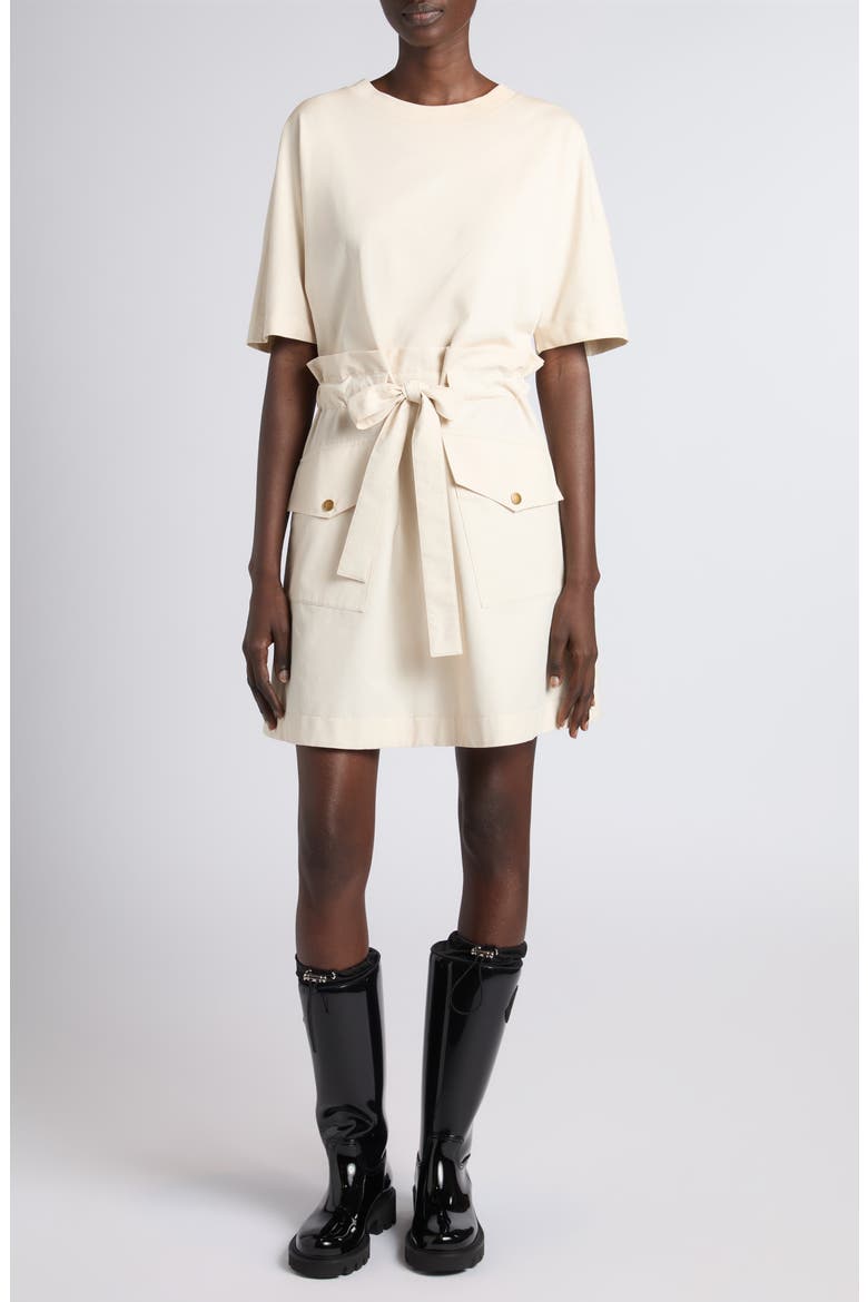 Hybrid Knit & Woven Drawstring Minidress, Main, color, NEUTRAL
