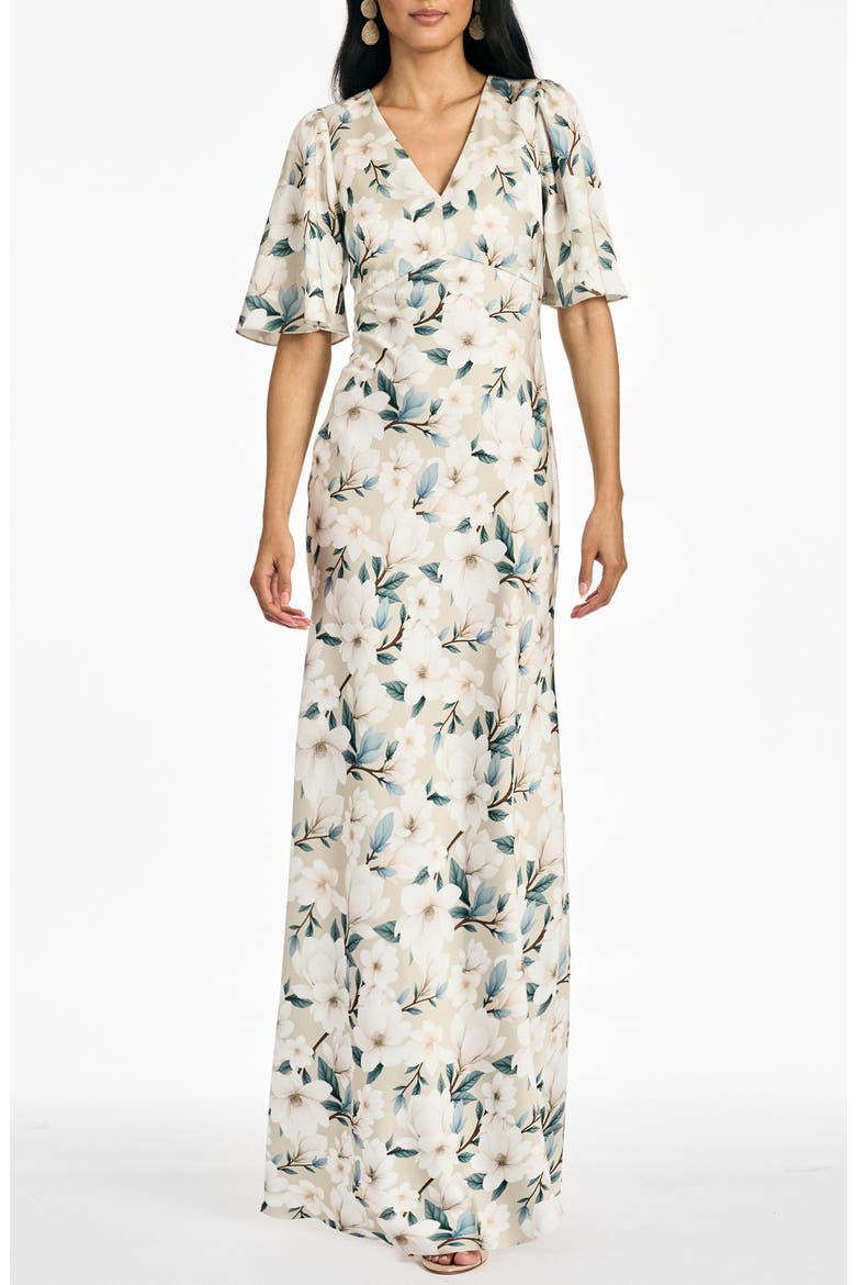 Mae Floral Flutter Sleeve Gown, Main, color, CHAMPAGNE MAGNOLIA