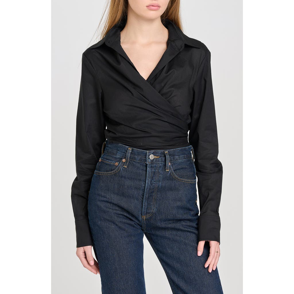 Shop Wayf Amelie Tie Waist Cotton Button-up Shirt In Black