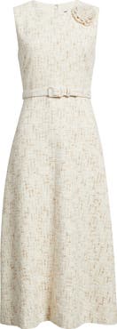 Anne Klein Rosette Belted Tweed Midi Dress