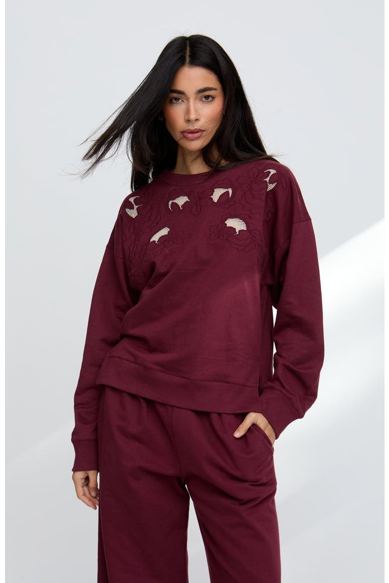 Lily-Anne Long Sleeves Cut Out Embroidered Sweatshirt, Alternate, color, Burgundy