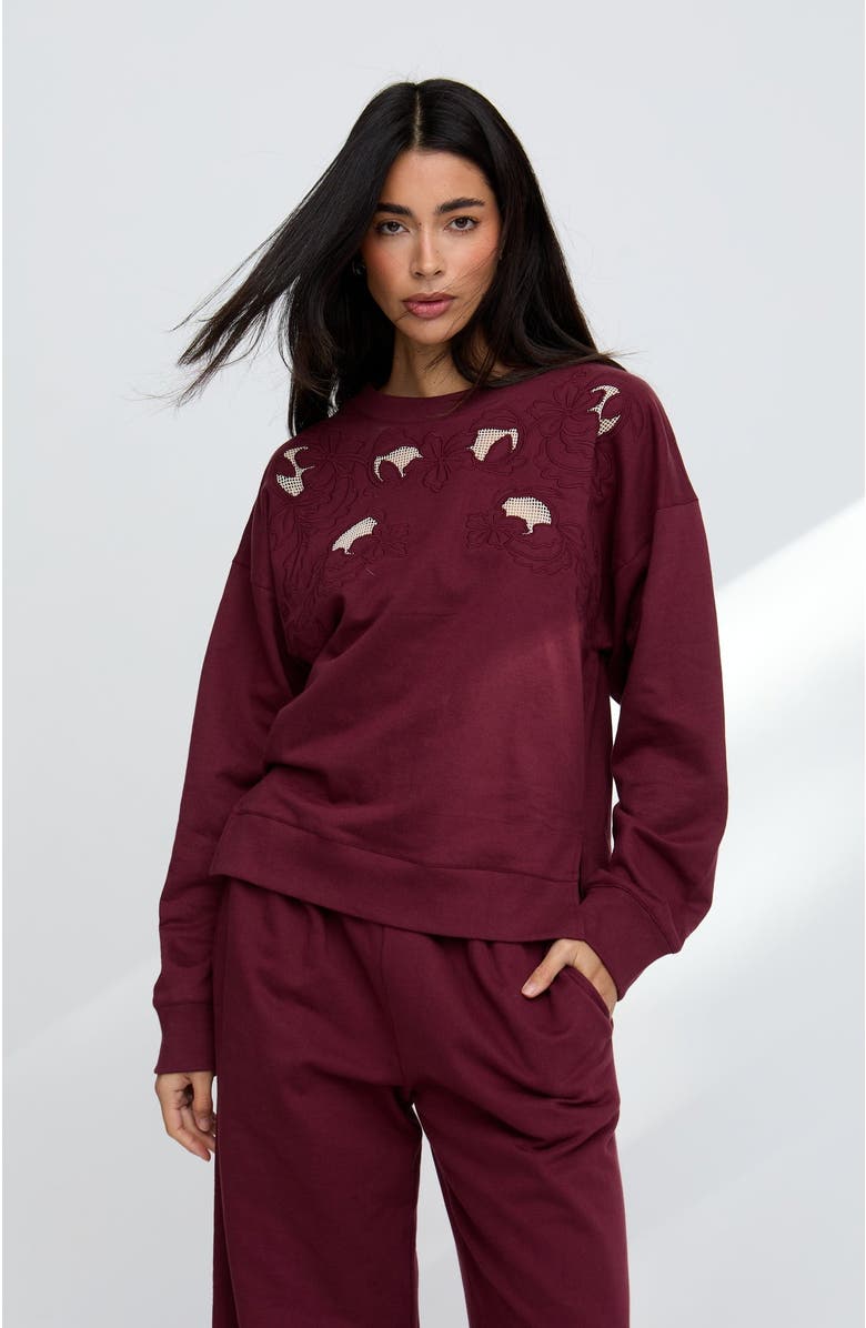 Raffya Lily-Anne Long Sleeves Cut Out Embroidered Sweatshirt, Alternate, color, Burgundy