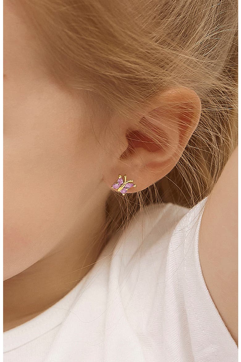 Dainty CZ Plated Butterfly Earrings, Alternate, color, Pink