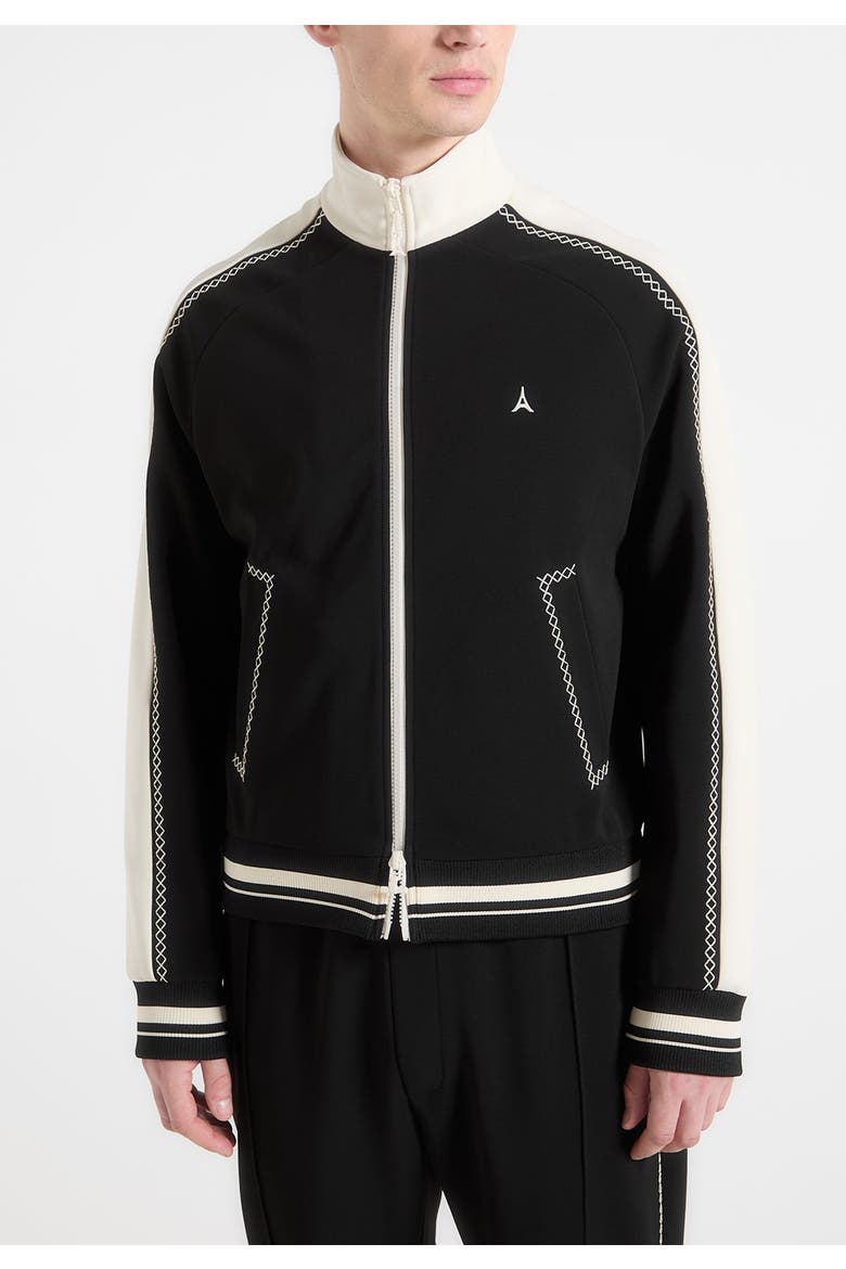 Tristan Contrast Whipstitch Raglan Track Jacket, Alternate, color, Black
