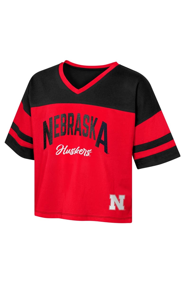 Outerstuff Girls Youth Scarlet Nebraska Huskers The Playmaker Sleeve Stripe V-Neck Jersey T-Shirt, Alternate, color, 