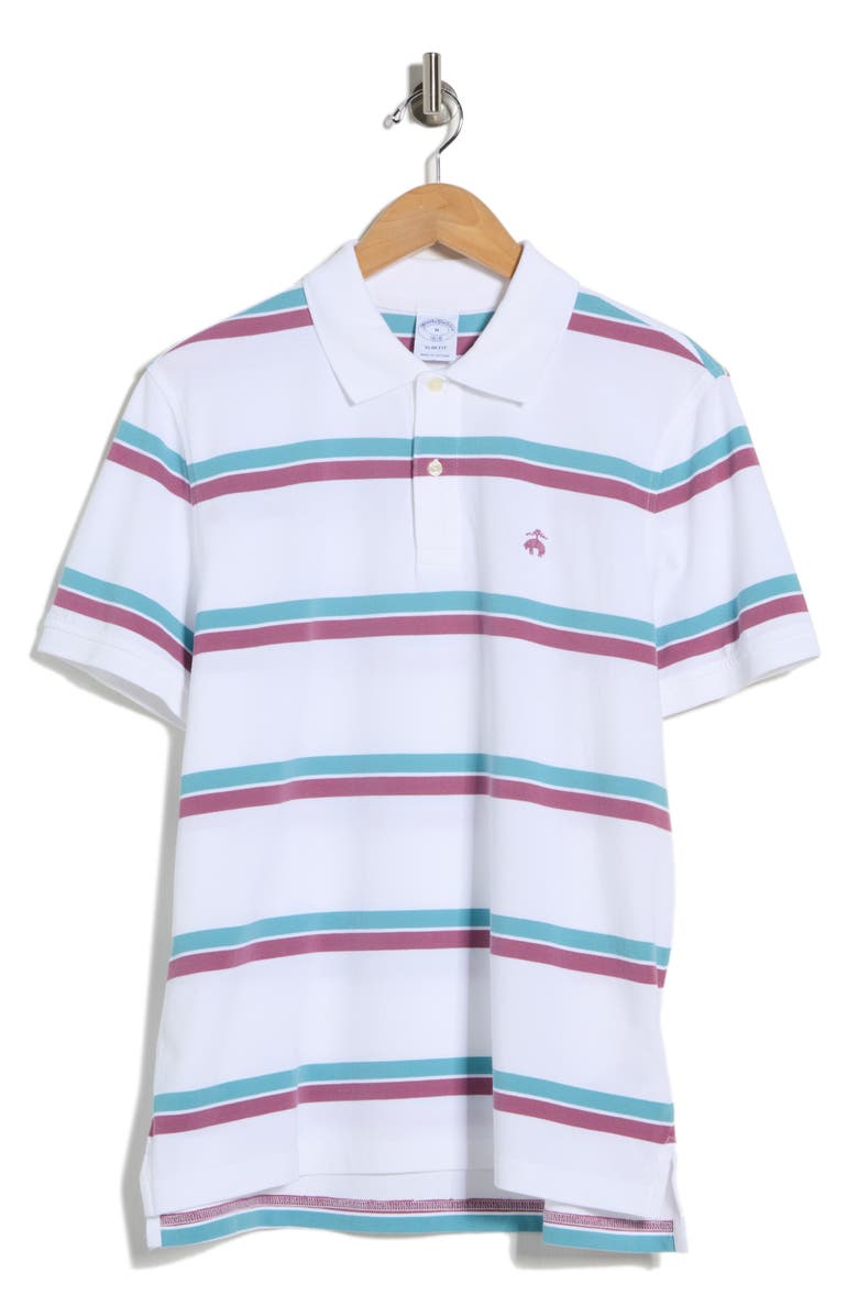 Brooks Brothers Stripe Slim Fit Piqué Polo, Main, color, White Multi