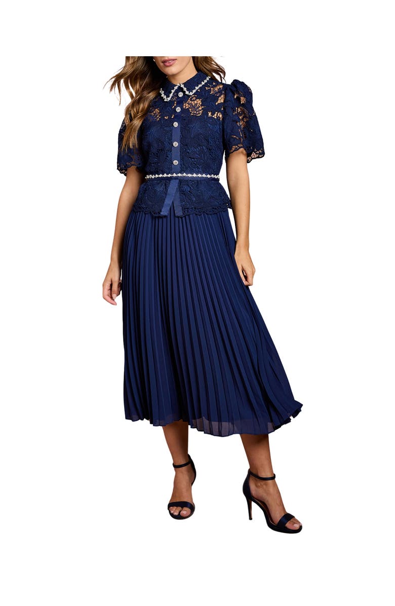Coast Lace Top Pleat Skirt Jewel Button Dress, Main, color, Navy