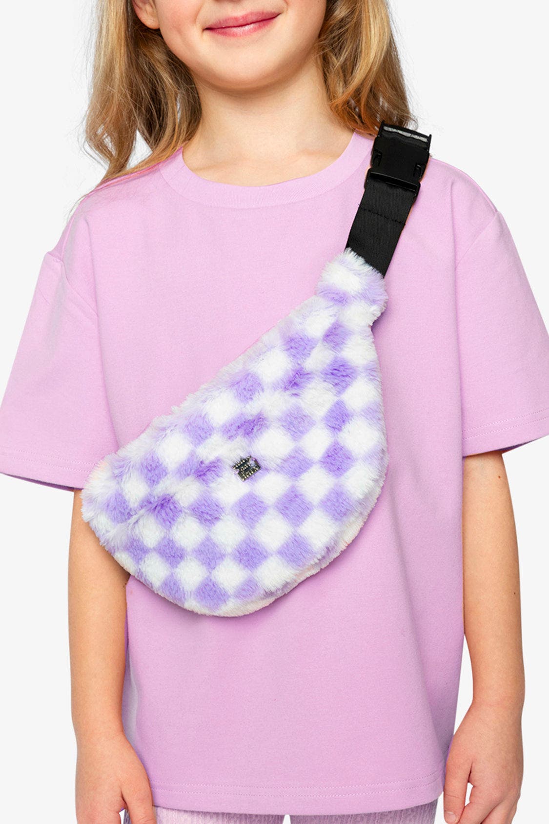 Checkered Faux Fur Zip Fanny Bag, Alternate, color, Lilac and White Tiles