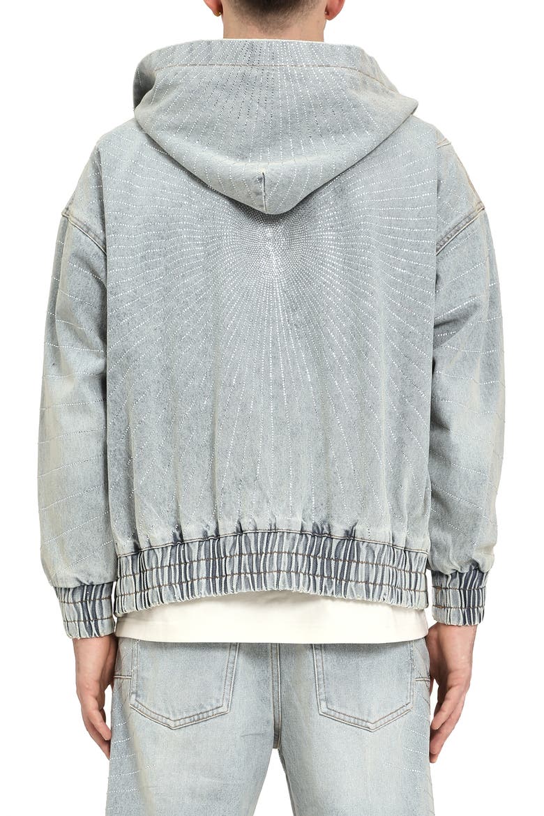 Radial Crystal Hotfix Denim Zip Jacket, Alternate, color, LIGHT INDIGO