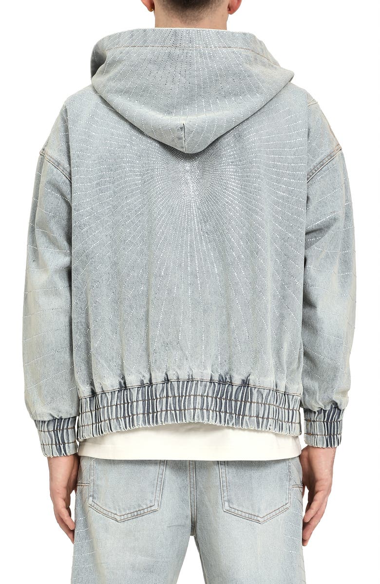 PURPLE BRAND Radial Crystal Hotfix Denim Zip Jacket, Alternate, color, Light Indigo