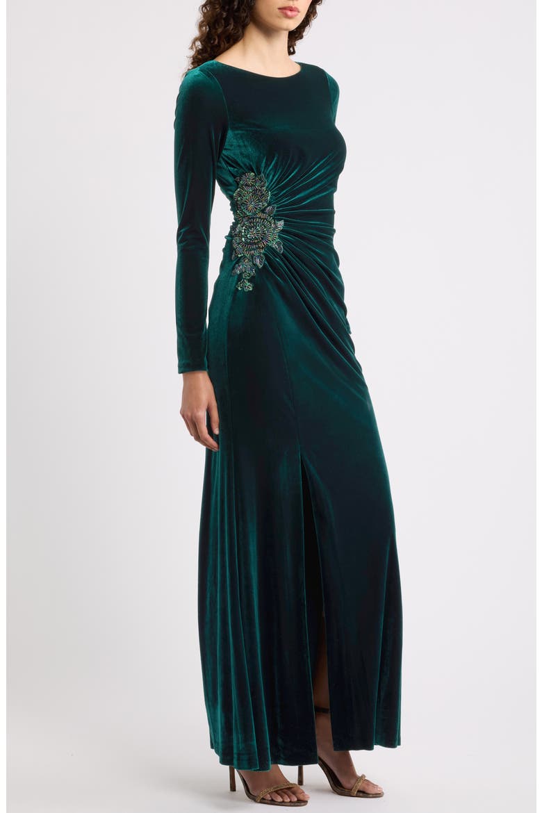 Side Ruched Long Sleeve Velvet Gown, Alternate, color, HUNTER