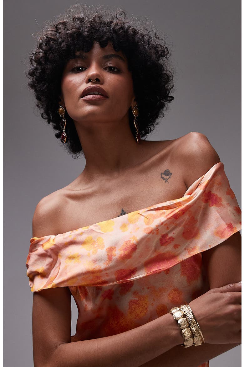Abstract Print Off the Shoulder Satin Maxi Dress, Alternate, color, ORANGE