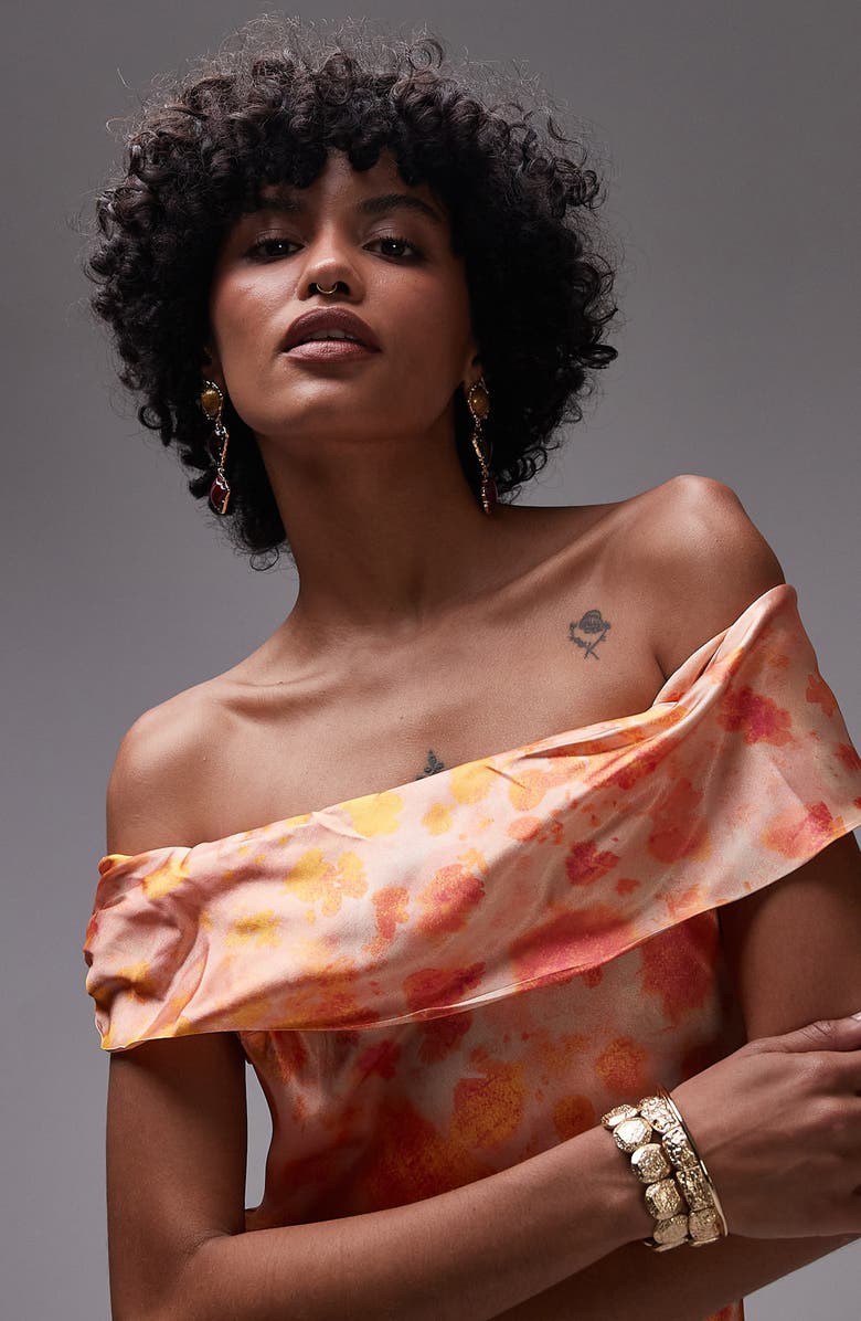 Topshop Abstract Print Off the Shoulder Satin Maxi Dress, Alternate, color, Orange