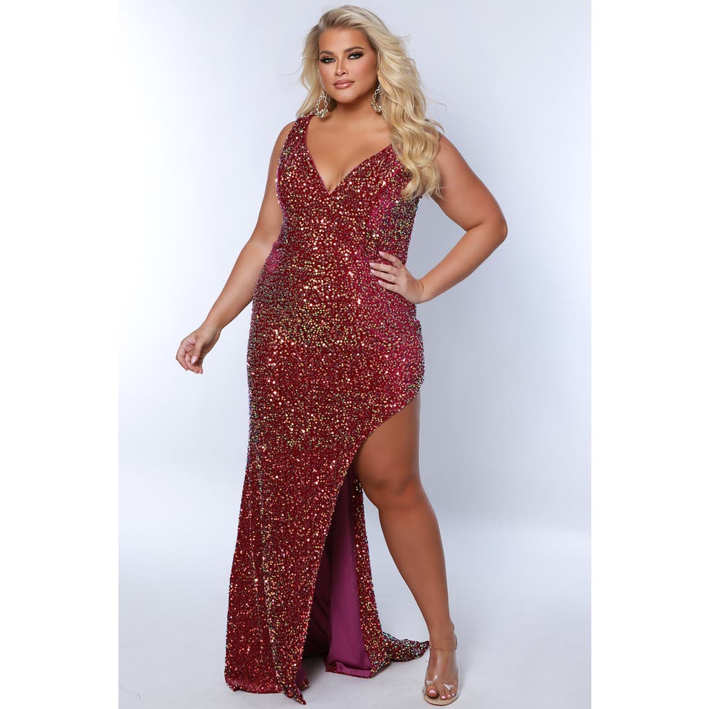 Johnathan Kayne for Sydney's Closet Bra-Friendly V-neck Sequin Velvet Plus Size Gown in Purple Passion  product
