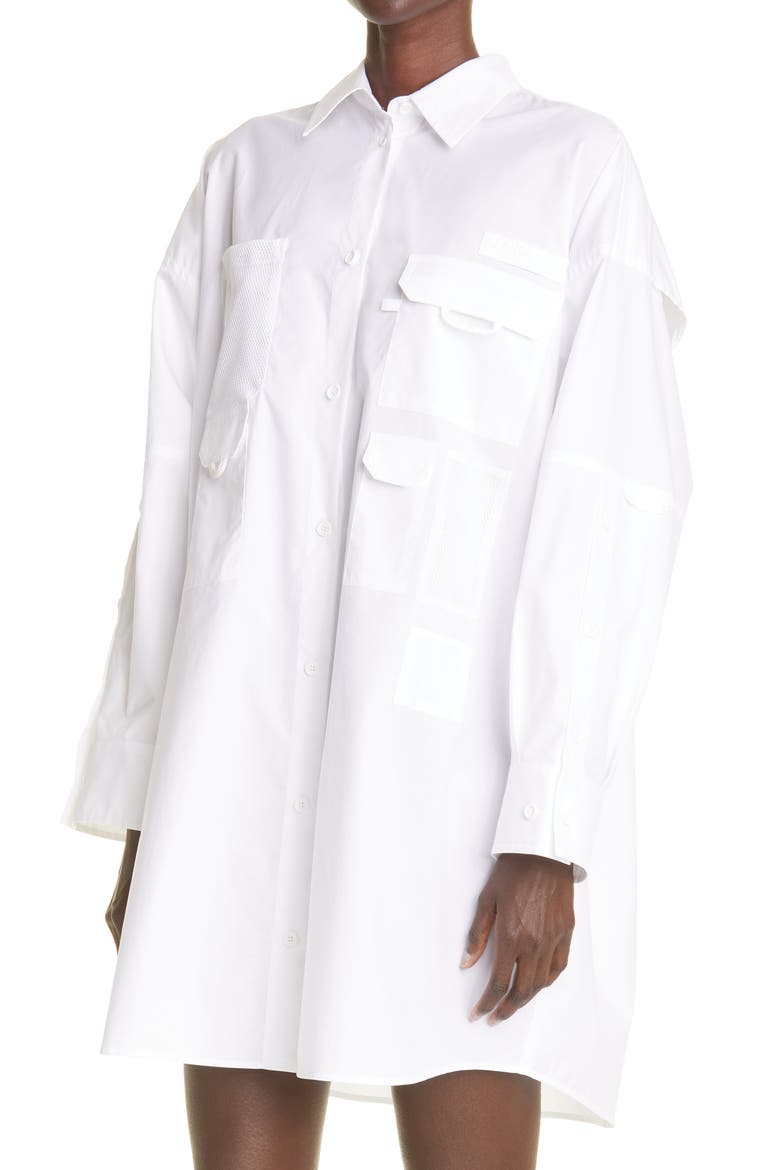 Boxy Pocket Long Sleeve Cotton Poplin Shirtdress, Alternate, color, F0ZNM WHITE