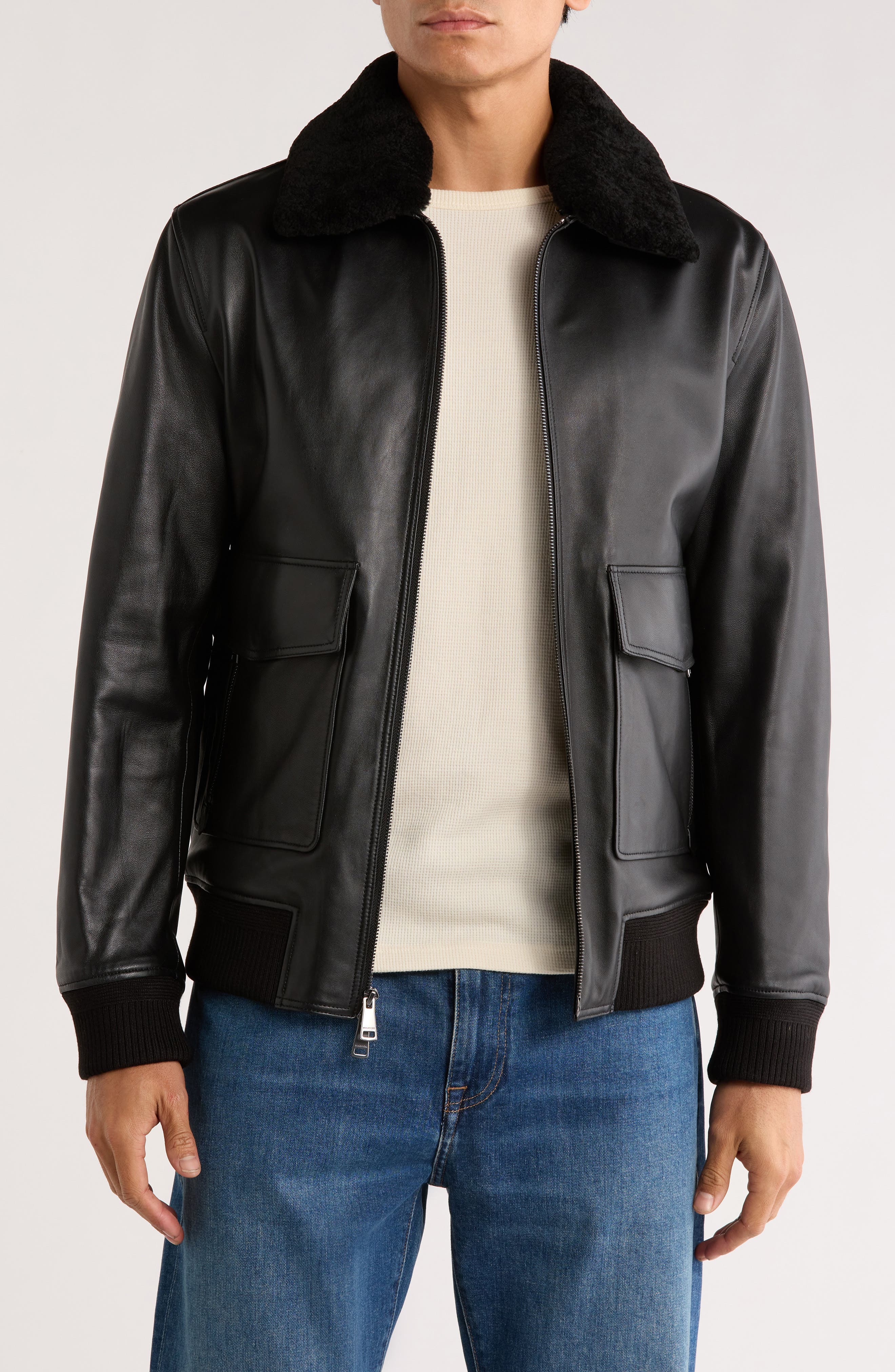 Bugatchi Genuine Shearling Collared Leather Aviator Jacket