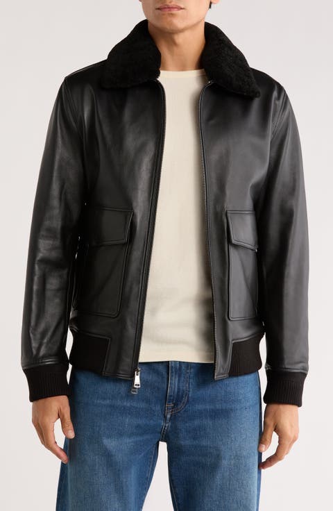 Genuine Shearling Collared Leather Aviator Jacket