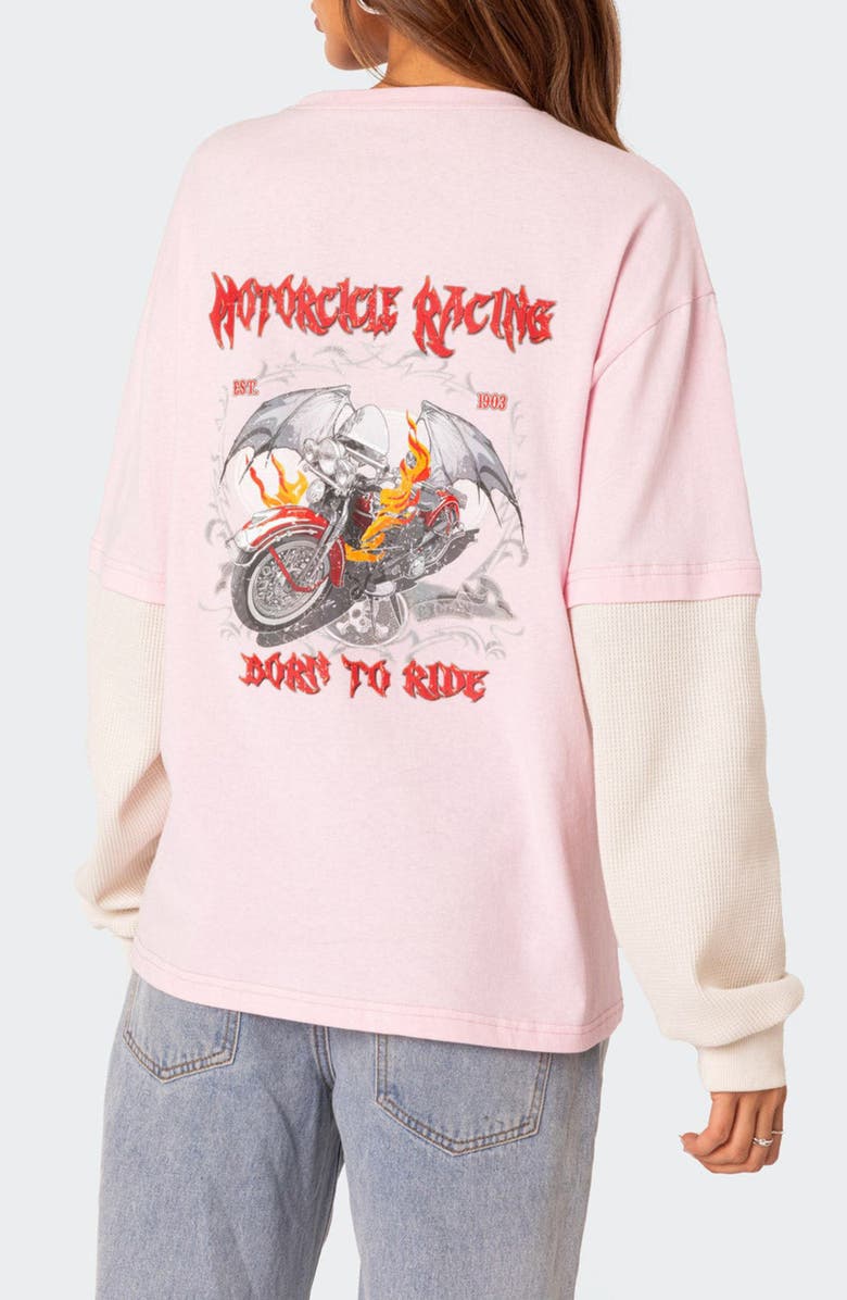 EDIKTED Racing Oversize Mixed Media Long Sleeve Cotton Graphic T-Shirt, Alternate, color, Light-Pink