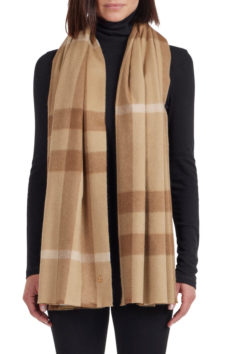 Bruno Magli Plaid Cashmere Scarf, Main, color, Camel