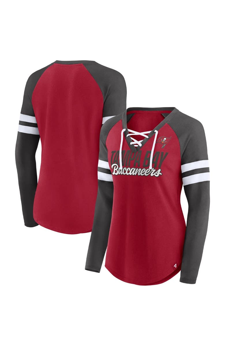 FANATICS Women's Fanatics Branded Red/Pewter Tampa Bay Buccaneers True to Form Raglan Lace-Up V-Neck Long Sleeve T-Shirt, Main, color, 