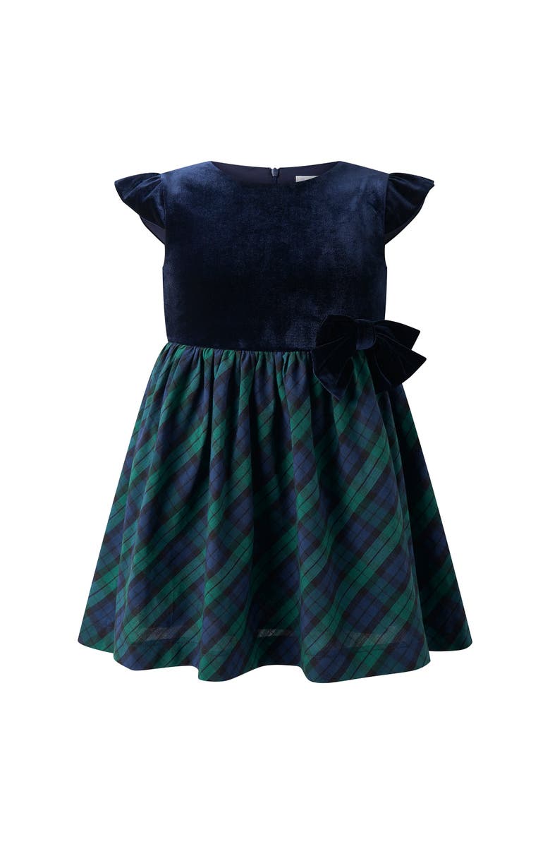 Rachel Riley Velvet Blackwatch Check Party Dress, Main, color, Navy