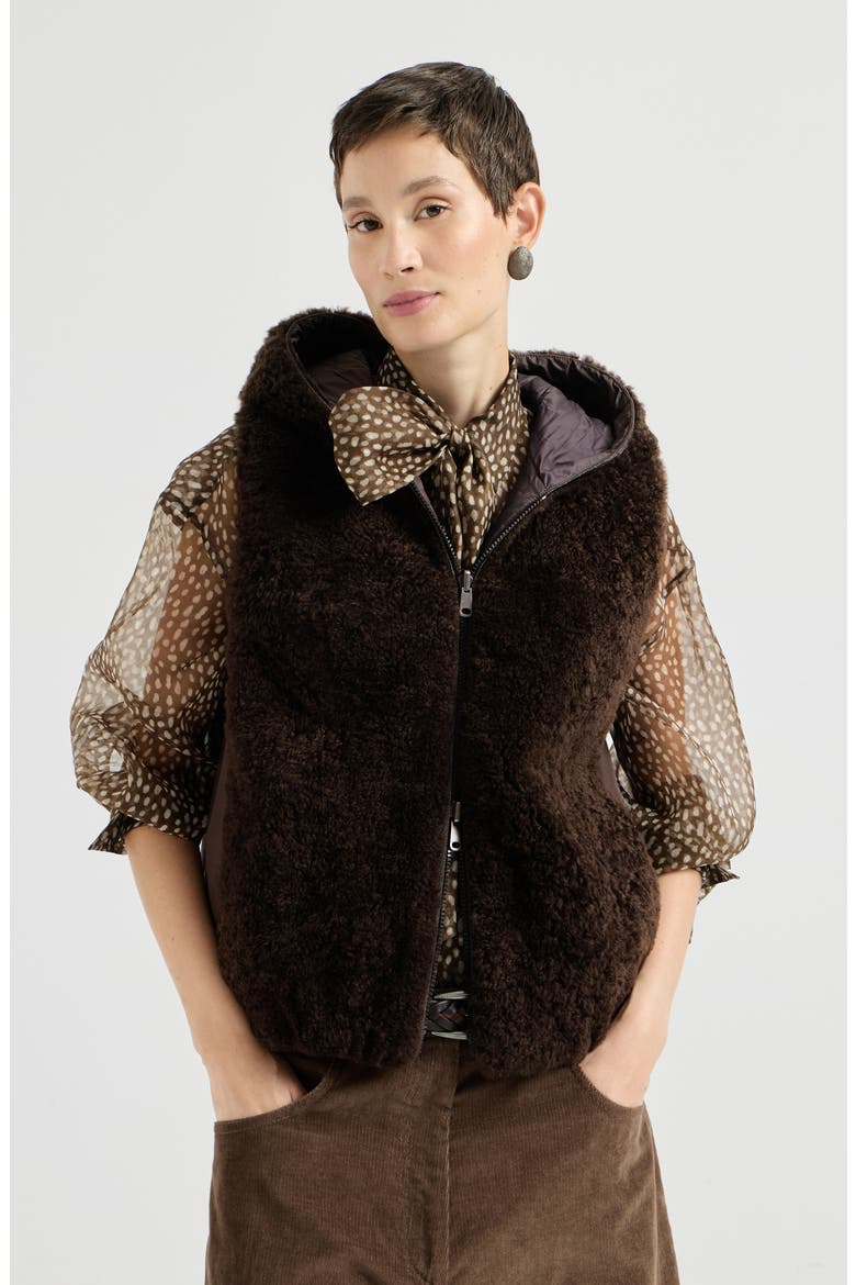 Cashmere shearling reversible hooded vest with precious trim, Main, color, Brown