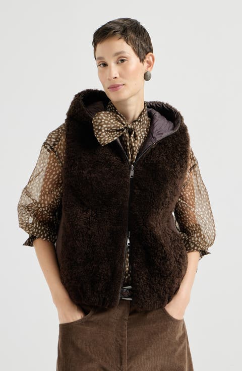 Cashmere shearling reversible hooded vest with precious trim