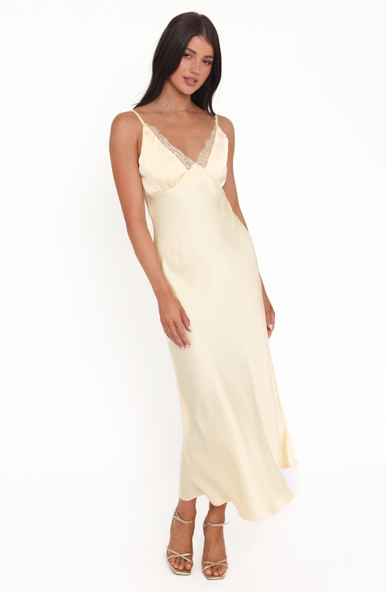 Petal & Pup Hobi Lace Satin Maxi Slipdress, Alternate, color, Butter Yellow