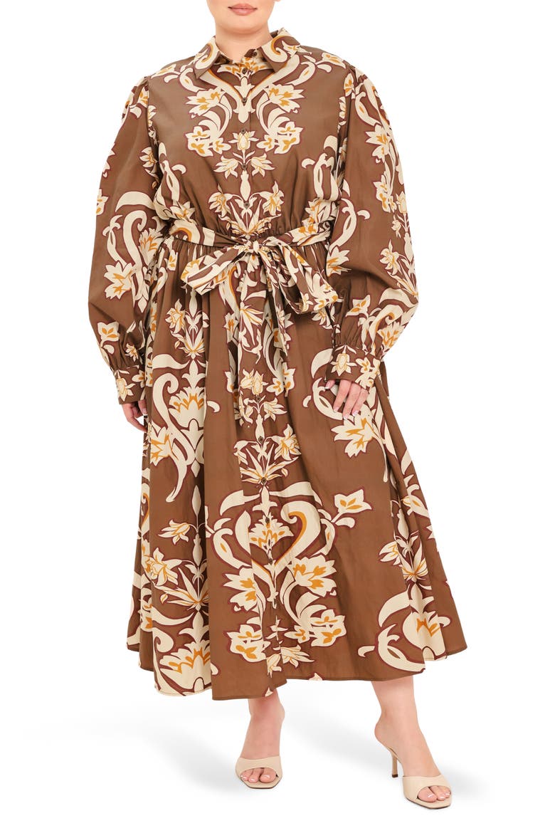 Printed Cotton Midi Shirtdress, Main, color, BROWN