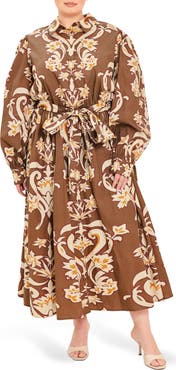FLYING TOMATO Printed Cotton Midi Shirtdress