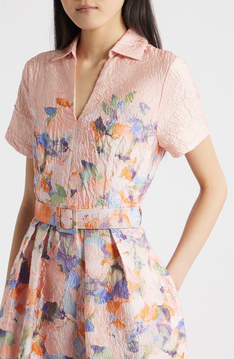 Tahari ASL Print Crinkle Belted Fit & Flare Dress, Alternate, color, Apricot Floral