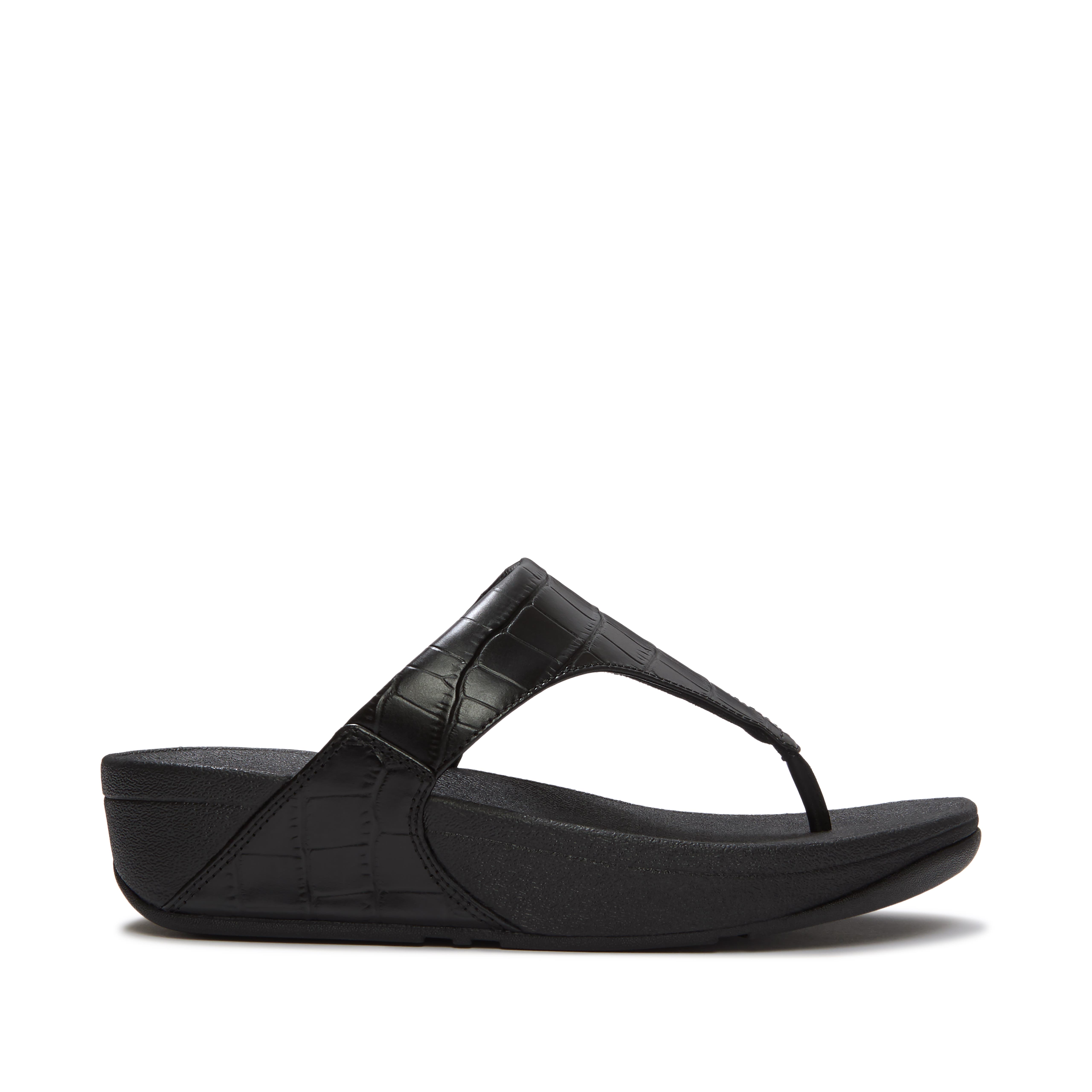 Lulu Crocodile Toe-Post Sandals, Alternate, color, All Black
